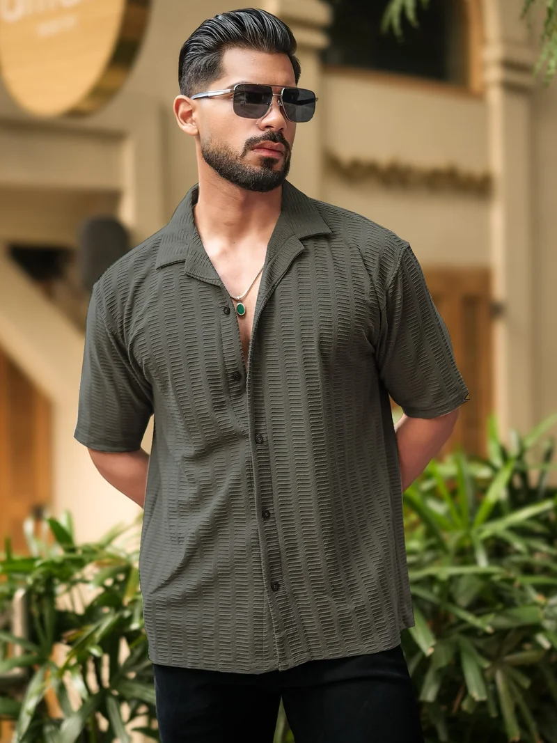 Maniac  Maniac Mens Solid Textured Collared Neck Half Sleeve Dark Grey Cotton Shirt for Men | Best Price UAE